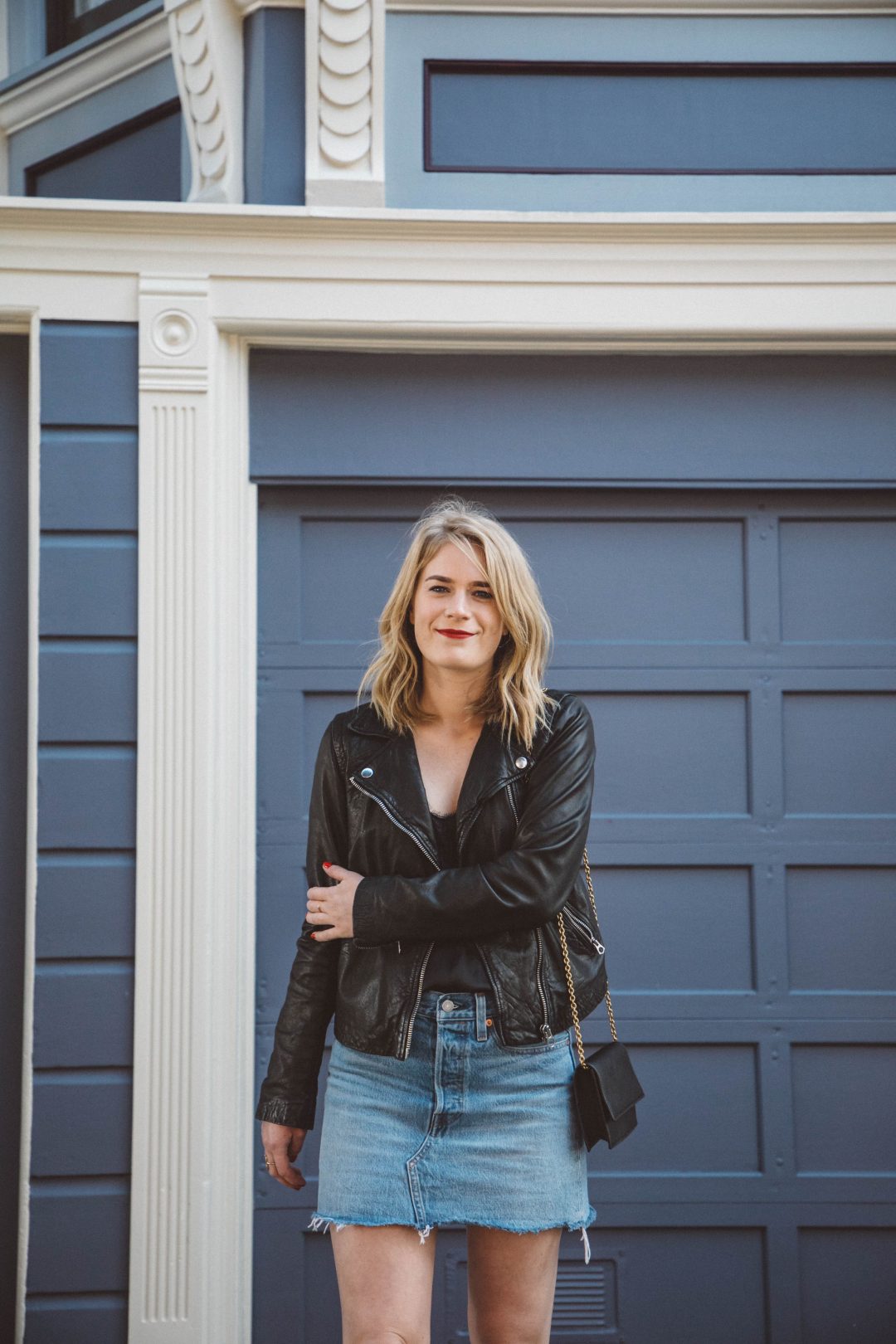 Bringing Back the Denim Skirt // Levi's Denim Skirt paired with a H&M Satin Lace Cami and Madewell Moto Jacket.