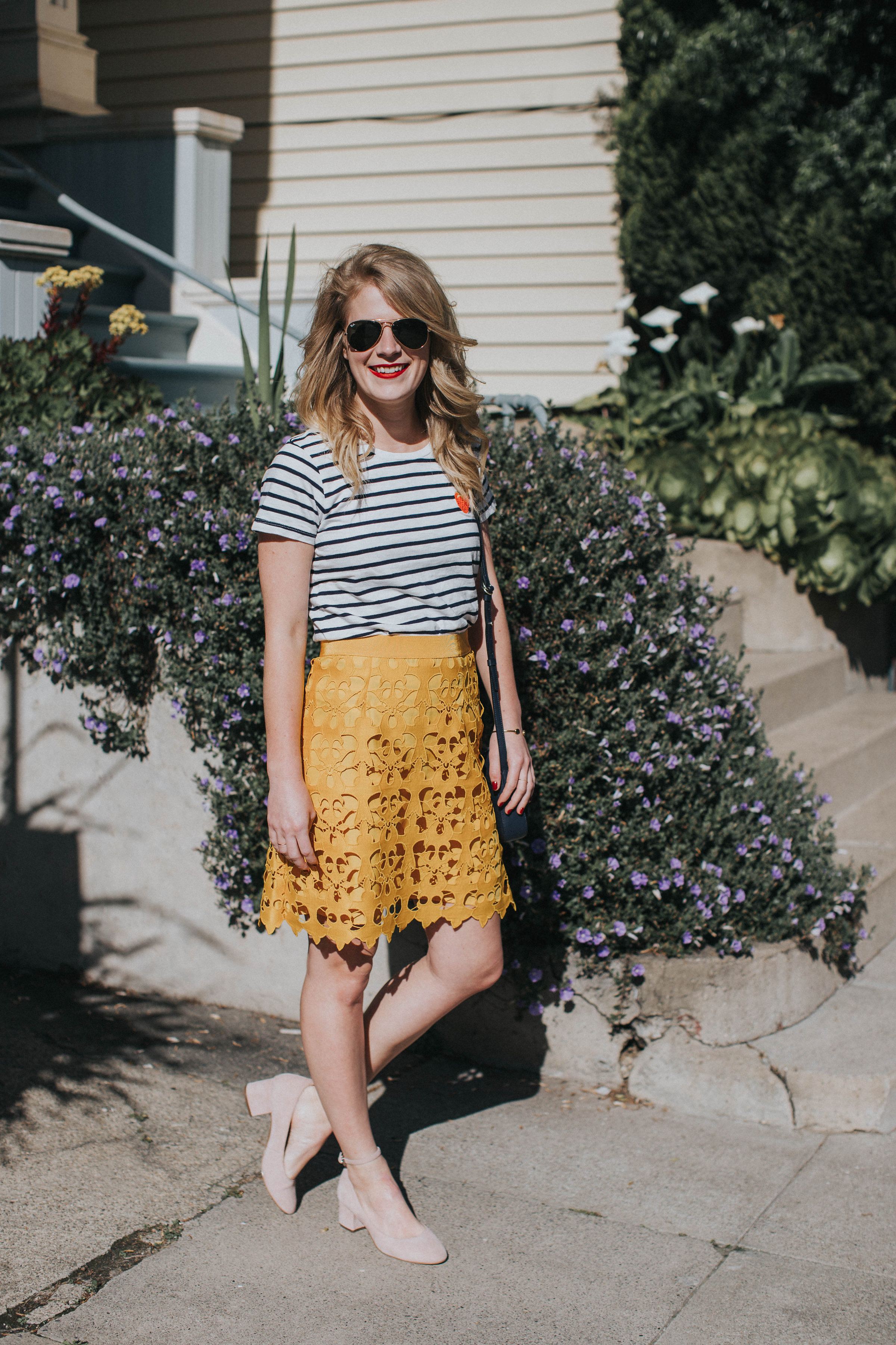 Strawberry Stripes | Cait Weingartner wears a LOFT lace skirt with J. Crew striped tee and Steve Madden heels.