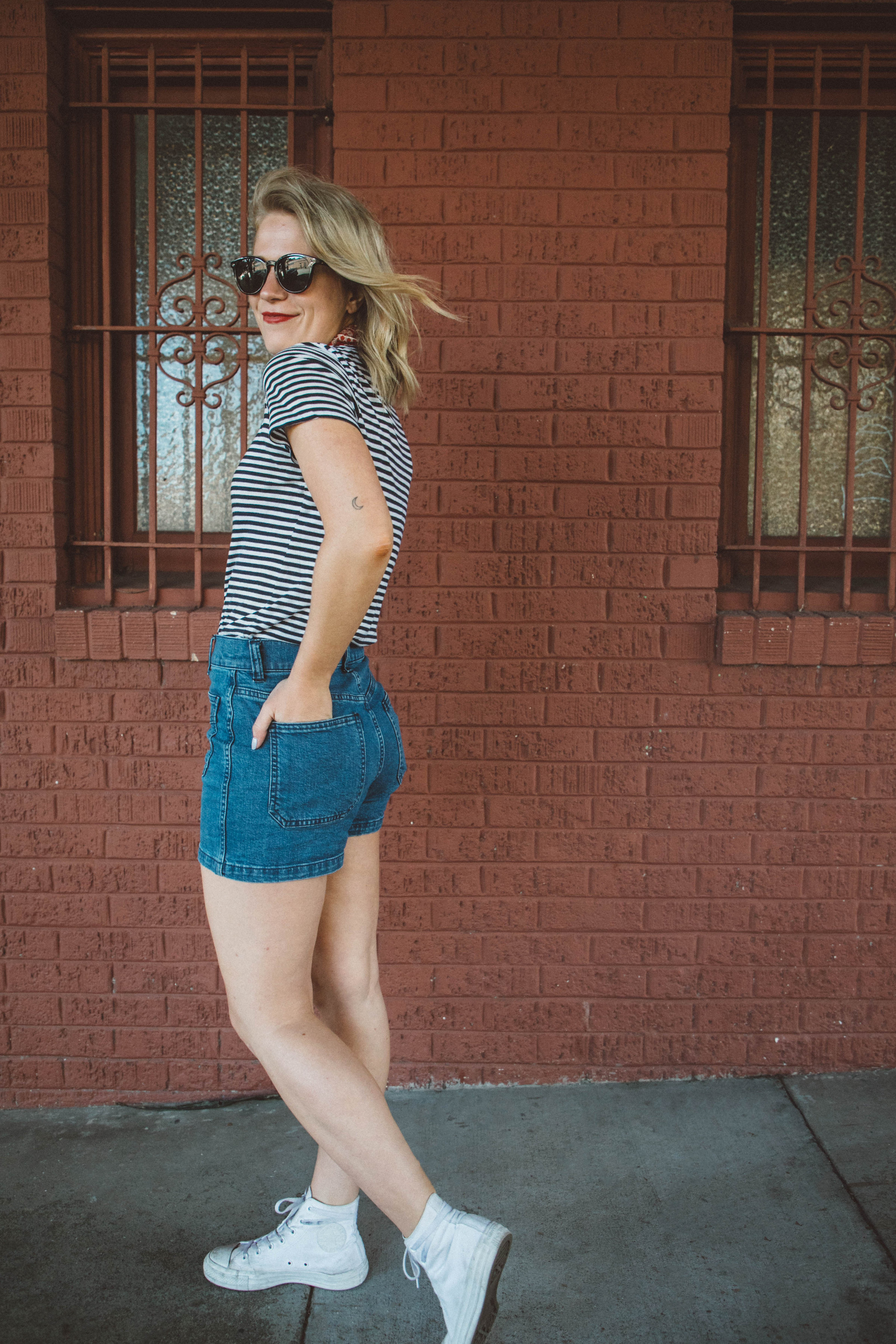 Happy 4th of July! // Celebrating in Everlane Stripes, Madewell Denim Shorts and Converse High Top Sneakers.